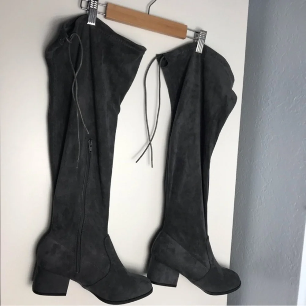 NWOT Gray Faux Suede Over the Knee Boots | Block Heel Tie Back Zip | Fall Winter